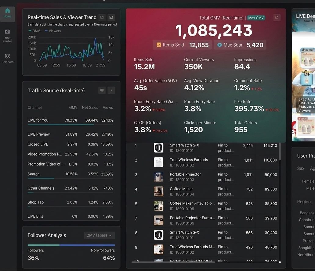 TikTok Shop live commerce real-time analytics dashboard — GMV, viewers, orders, traffic sources, and product rankings